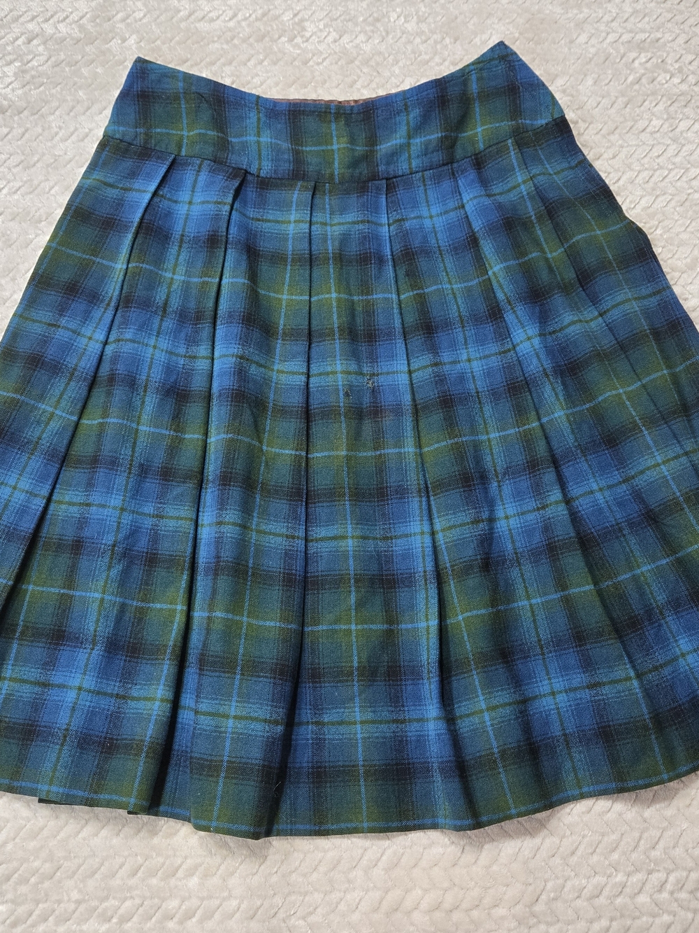 Vintage Pendleton Blue Green Tartan Plaid Pleated Virgin Wool Skirt Sz 14 USA